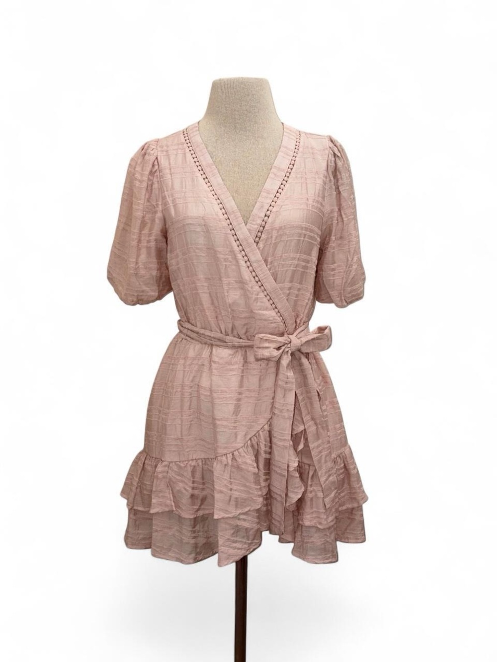 LOVECOLETTE Pink Faux Wrap Belted Ruffle Mini Dress Size Medium Coquette Flirty